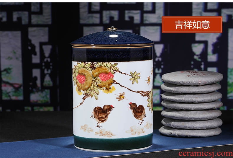 Jingdezhen ceramic hand-painted caddy receives puer tea cake tin POTS with big detong seal tea cake
