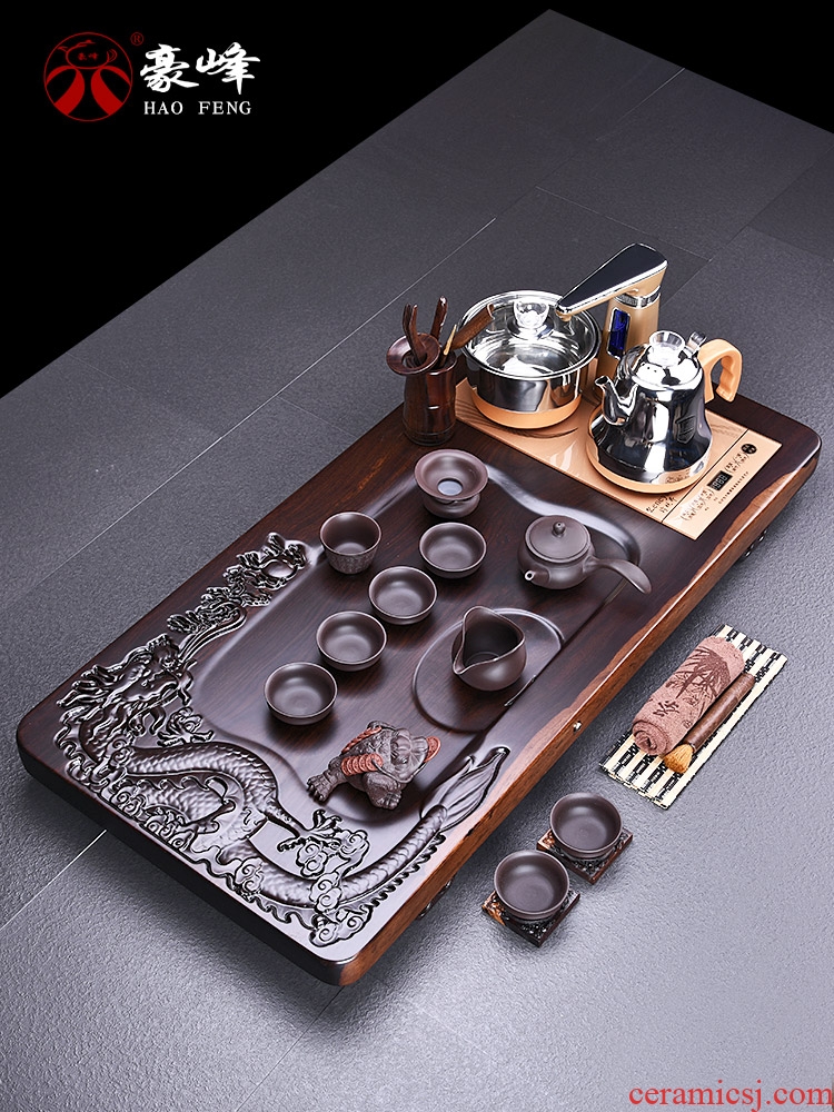 HaoFeng violet arenaceous kung fu tea set suit household ebony wood tea tray tea tea ceramic teapot teacup