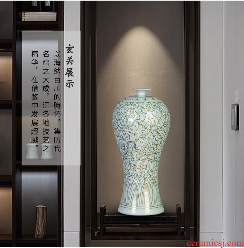 Jingdezhen ceramic vase famous paint shadow carving greengage bottles of Chinese style porch decoration furnishing articles large living room