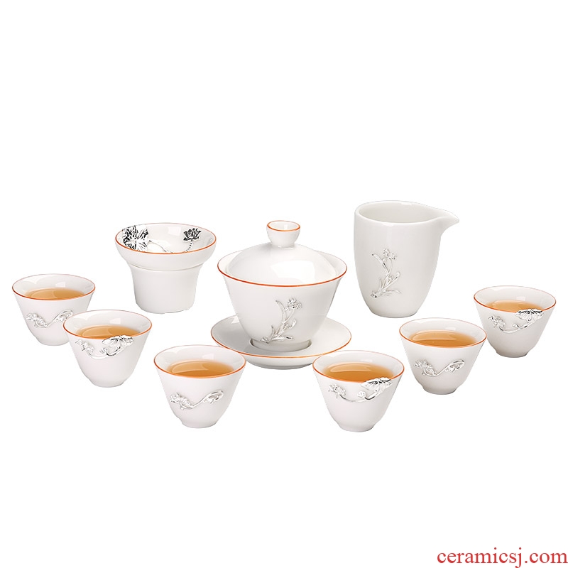 Dehua white porcelain tea set ceramic high silver handmade silver kung fu tea tea tea set gift box