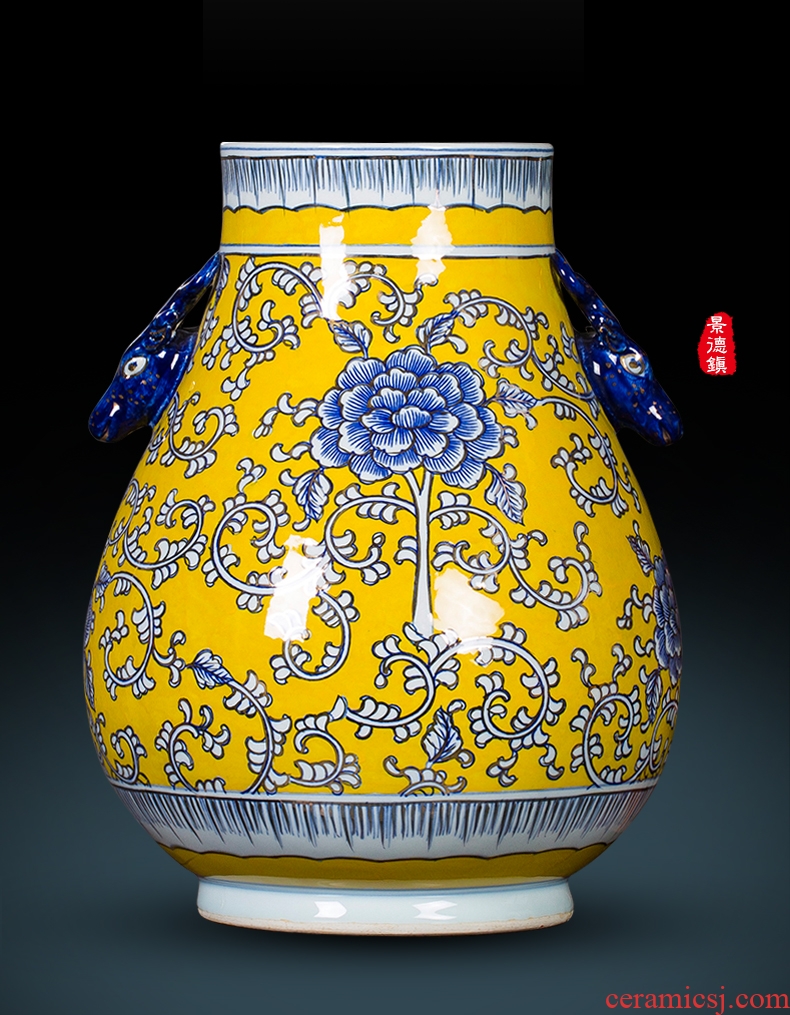 Jingdezhen ceramic vase hand-painted antique yellow blue and white porcelain paint deer head statue of painting and calligraphy study adornment furnishing articles