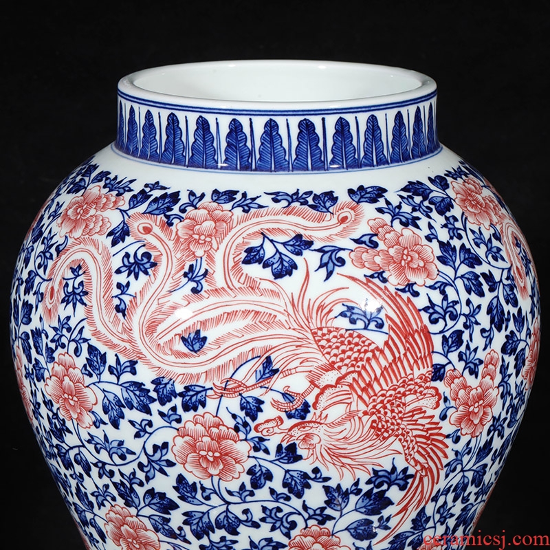 Jingdezhen ceramics imitation qianlong hand-painted double phoenix new Chinese style living room furnishing articles general blue and white porcelain jar with a lid