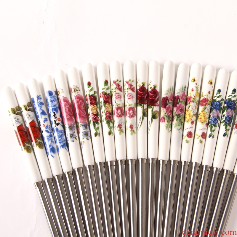 Jingdezhen ceramic handle stainless steel chopsticks insulation mouldproof environmental health chopsticks portable hot resistant to fall flowers