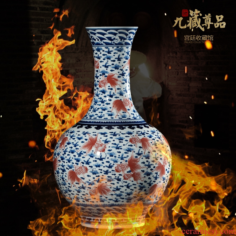 Jingdezhen ceramics imitation qing qianlong blue-and-white youligong red fish grass flat bottles of new Chinese style sitting room adornment is placed