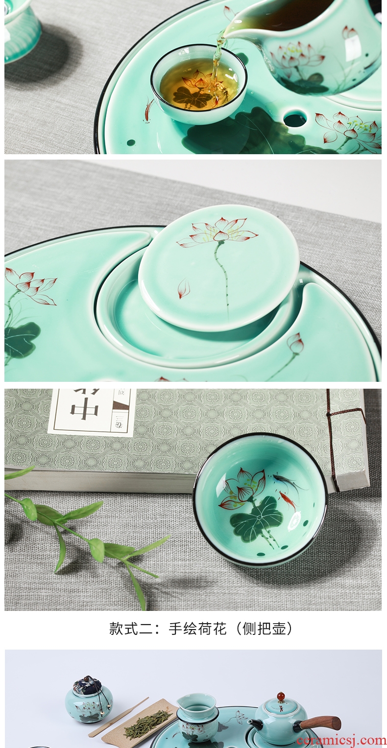 Kung fu tea set home office tea kettle celadon porcelain lotus jingdezhen hand-painted tea tea table