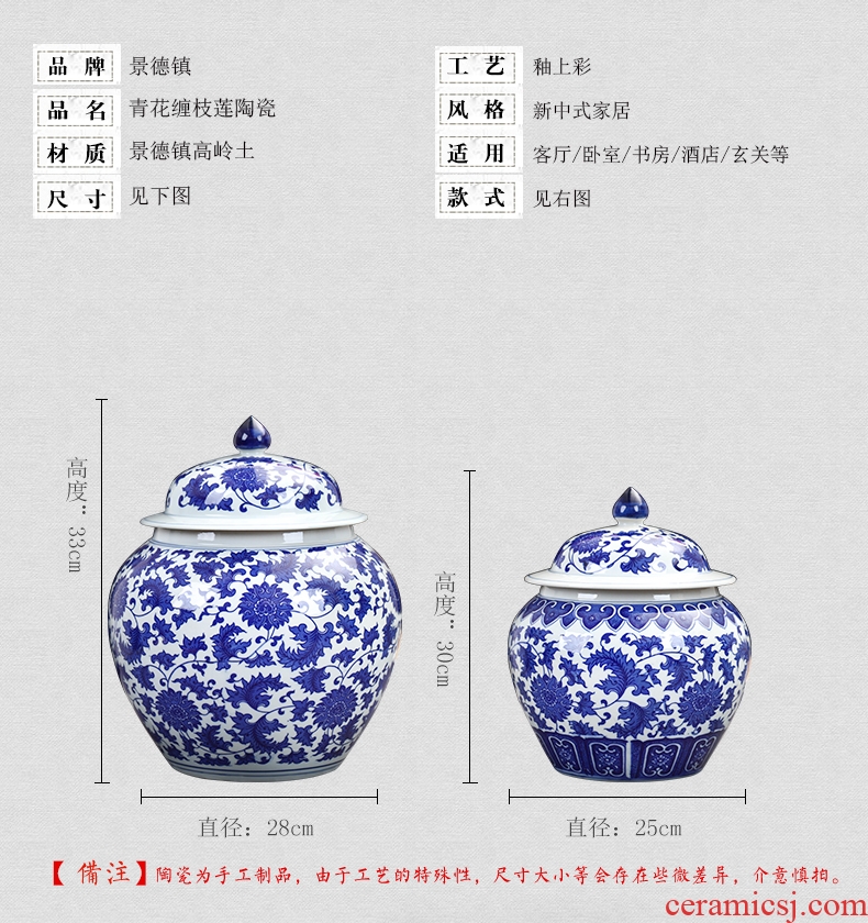 Blue and white porcelain of jingdezhen ceramics general tank storage tank pickle jar with cover Chinese sitting room adornment is placed