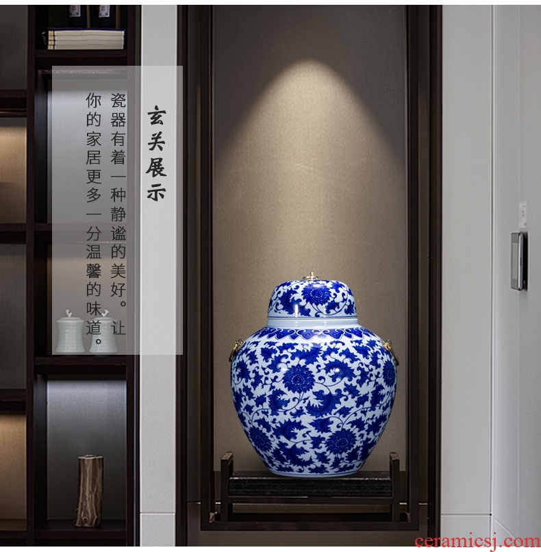 Jingdezhen blue and white porcelain vase bound branch lotus ceramics tank storage cover ears sitting room adornment of Chinese style household furnishing articles