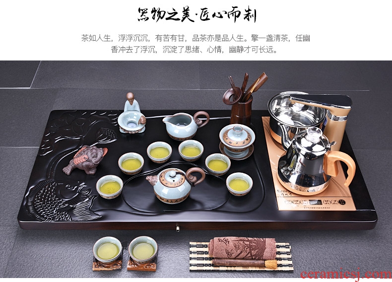 HaoFeng violet arenaceous kung fu tea set suit household ebony wood tea tray tea tea ceramic teapot teacup