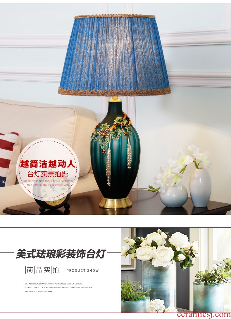 American colored enamel luxury villa living room large lamp full copper contracted pure copper decorative ceramic lamp of bedroom the head of a bed