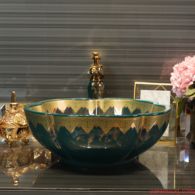 Gold cellnique continental basin on the ceramic bowl green water basin sink art Jin Wen pear haitang