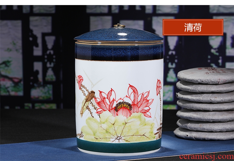 Jingdezhen ceramic hand-painted caddy receives puer tea cake tin POTS with big detong seal tea cake