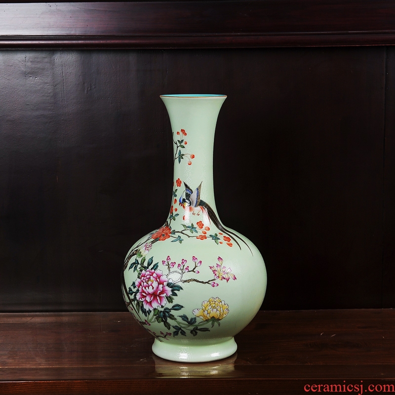 Jingdezhen ceramics powder enamel pick flowers golden pheasant grain bottle vase home decoration technology sitting room place collection