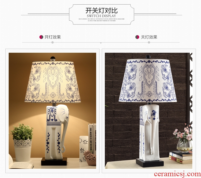 Ceramic lamp light creative jingdezhen blue and white porcelain of bedroom the head of a bed the elephant Chinese American ceramic desk lamp sitting room