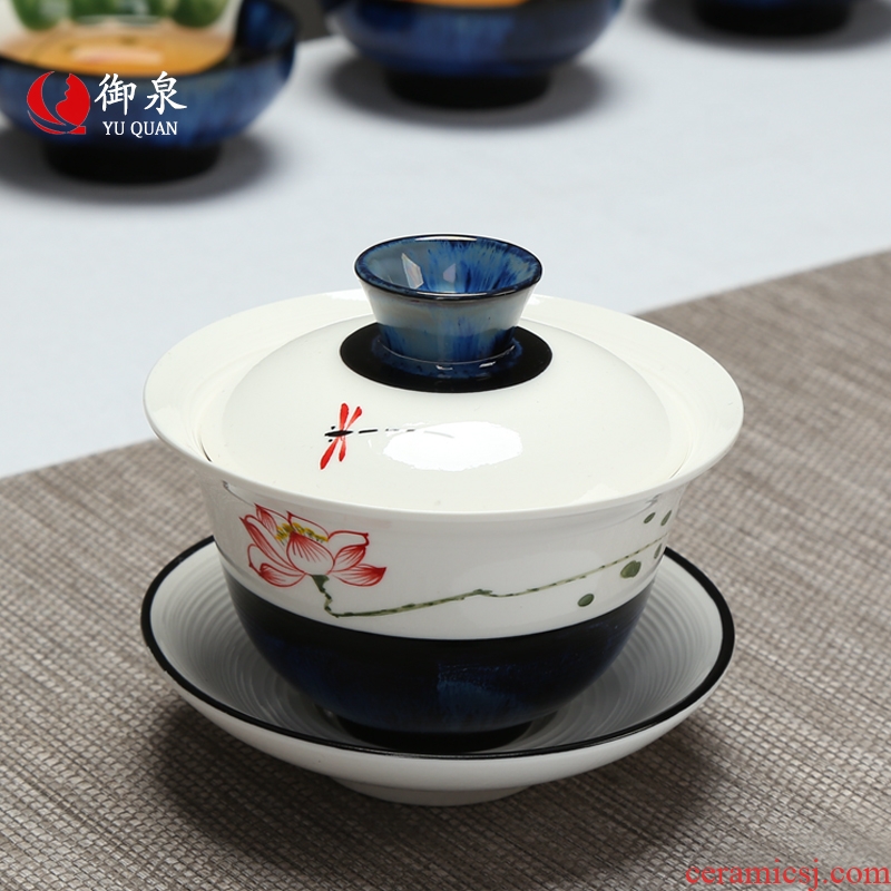 Imperial springs hand-painted only three tureen household kung fu tea bowl lotus ceramics kiln tea large cups