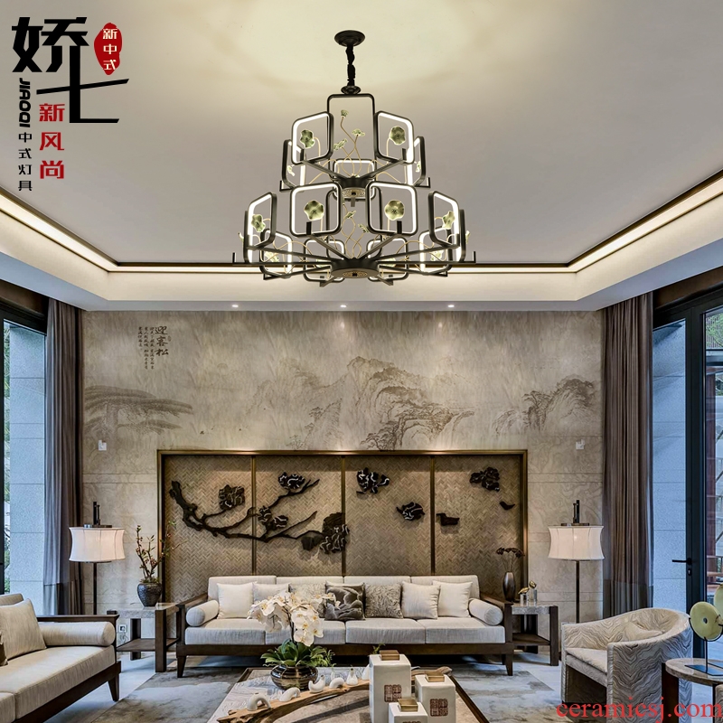 Jiao seven new Chinese style droplight ceramic compound floor of sitting room lamps and lanterns of double three-layer villa zen restaurant stair droplight