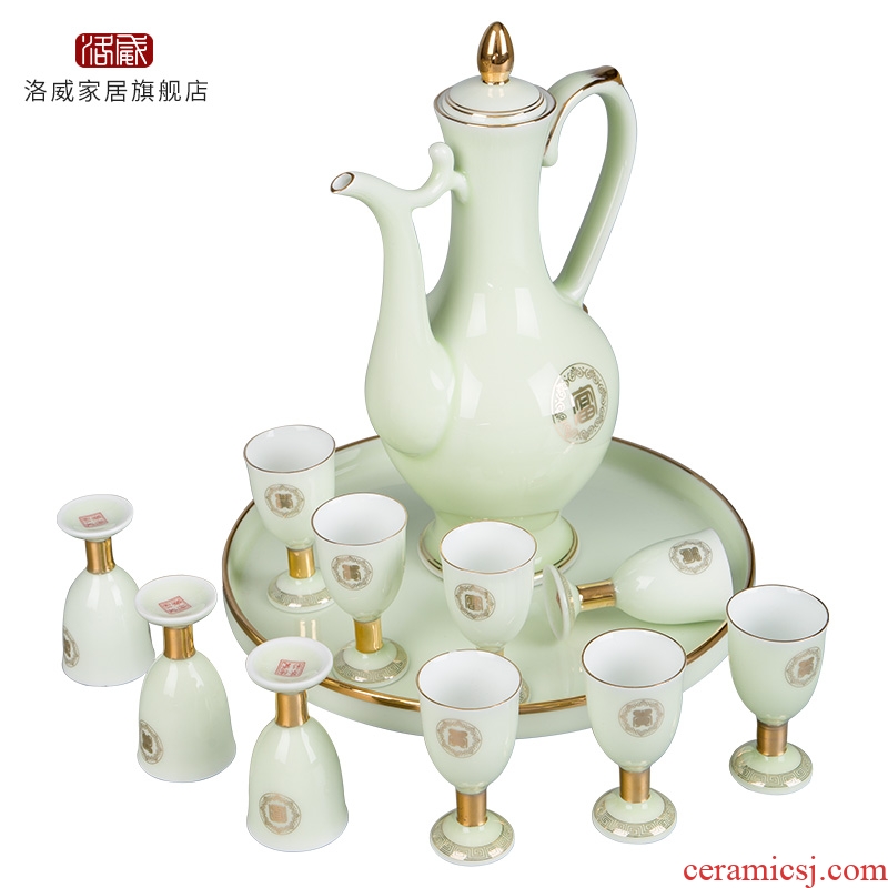 Jingdezhen wine suits ceramic celadon home court of a complete set of antique Chinese jade porcelain paint jar of wine cup