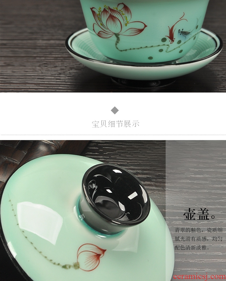 Imperial springs hand-painted tureen kung fu tea tea ceramic celadon lotus three of the bowl bowl large tea cups