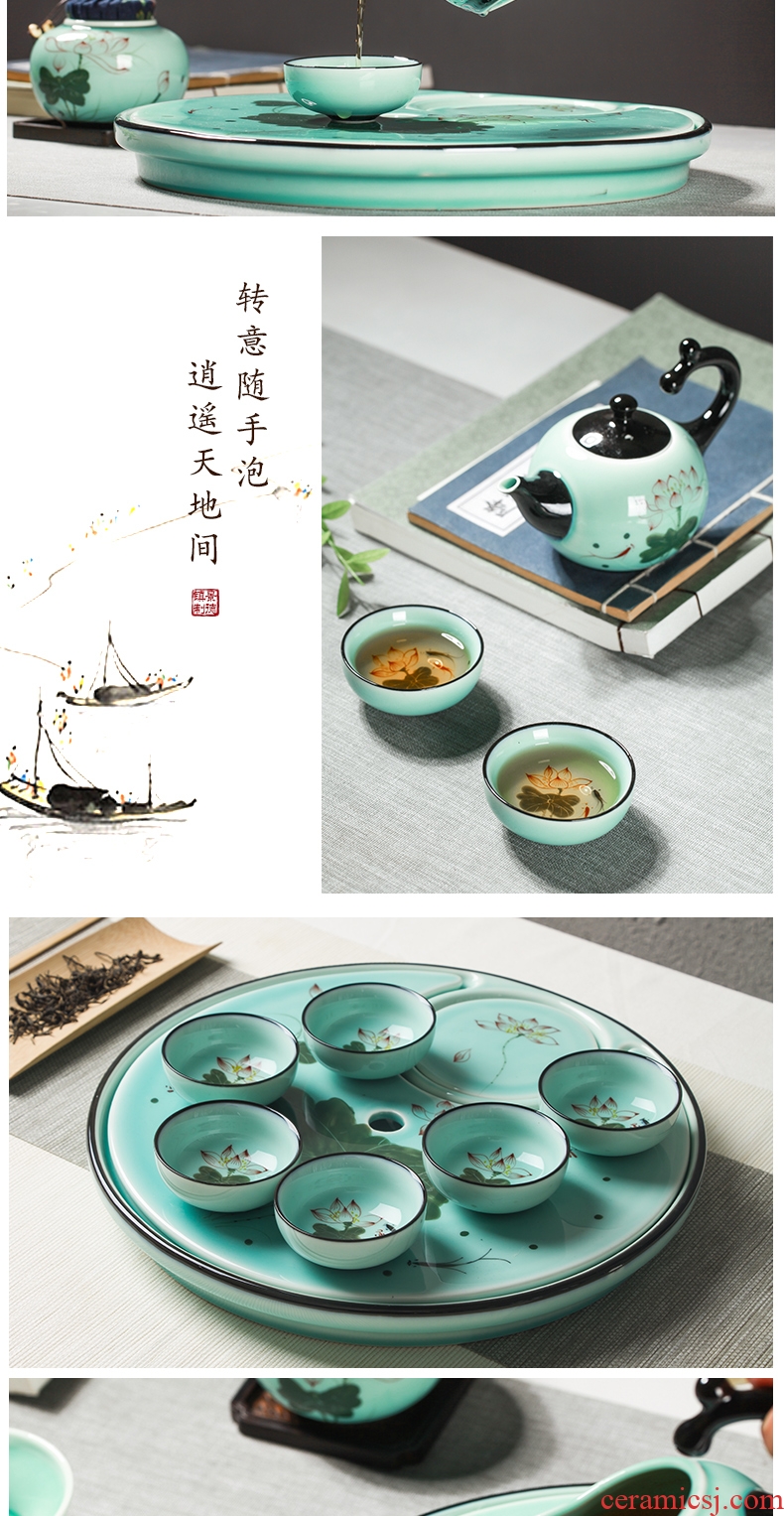 Kung fu tea set home office tea kettle celadon porcelain lotus jingdezhen hand-painted tea tea table