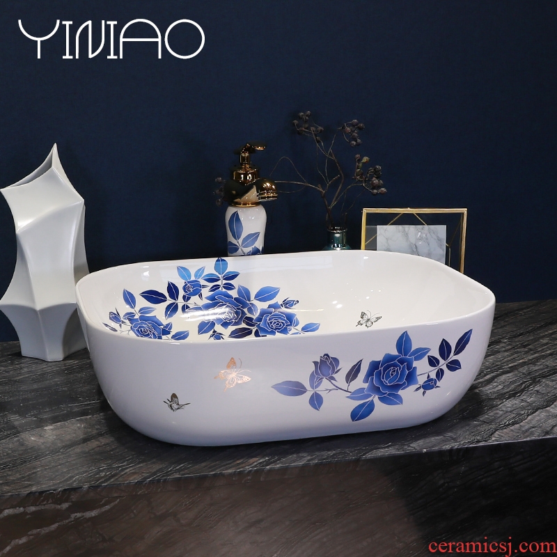 Simple fashion stage basin ceramic lavabo blue roses lavatory oval face basin bathroom art basin