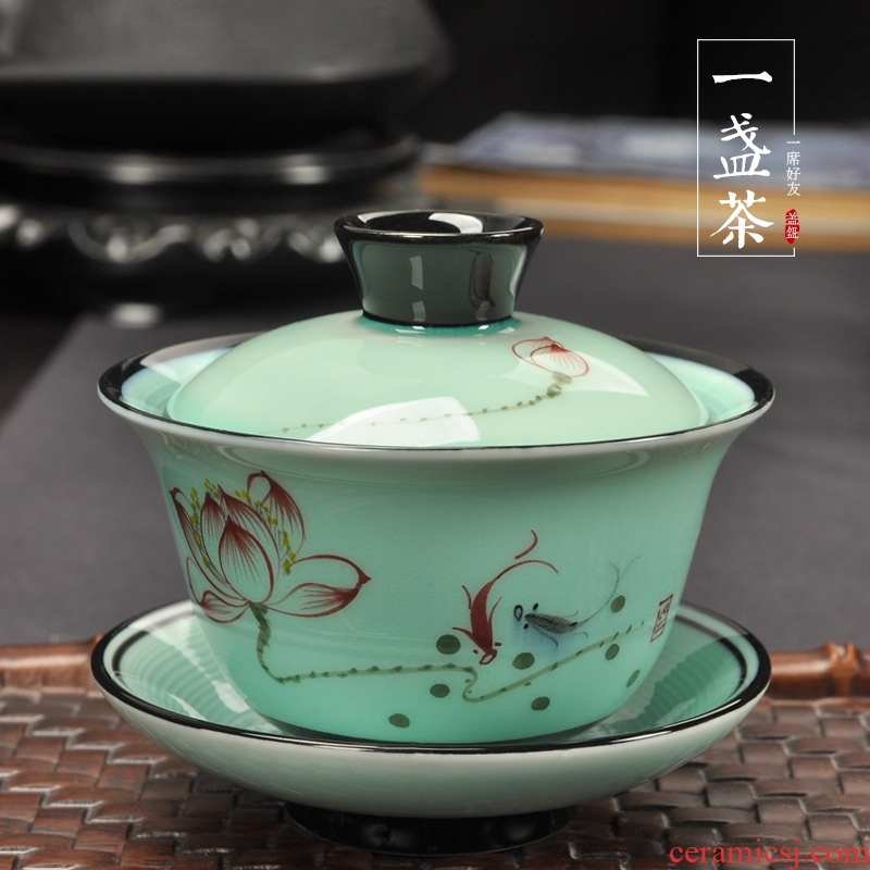 Imperial springs hand-painted tureen kung fu tea tea ceramic celadon lotus three of the bowl bowl large tea cups