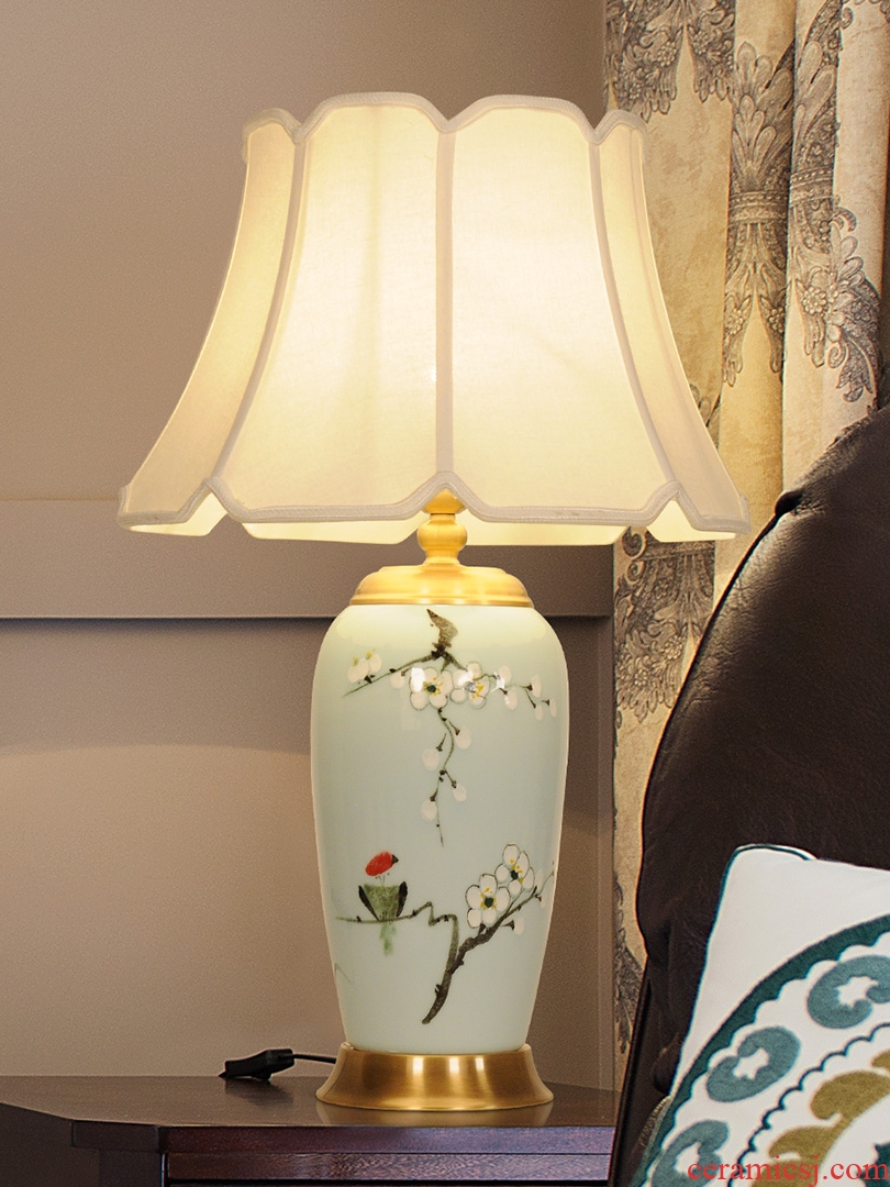 All copper ceramic desk lamp LED lamp of bedroom the head of a bed creative personality hand-painted painting of flowers and a sitting room a study of new Chinese style lamp X