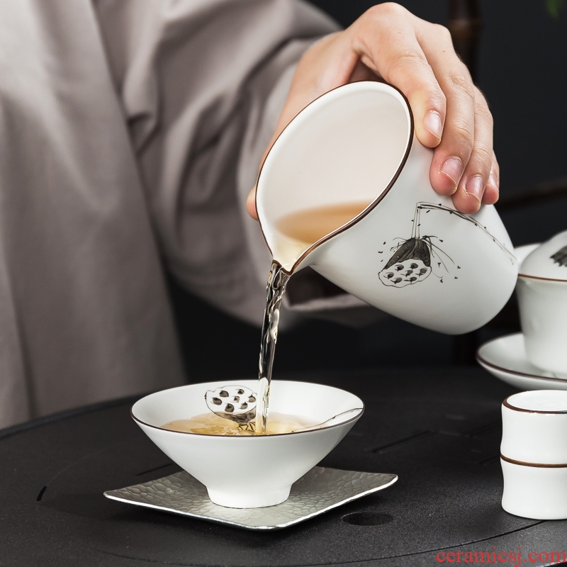 Qin Yi white porcelain kung fu tea set hand-painted ceramic tea tureen tea cup home a complete set of tea set gift boxes