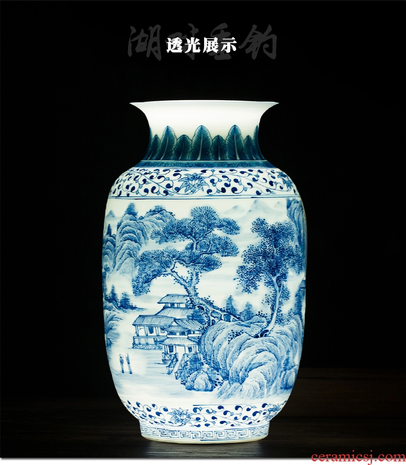 Jingdezhen ceramics hand-painted scenery blue and white porcelain vase thin foetus Chinese style classical home sitting room adornment is placed
