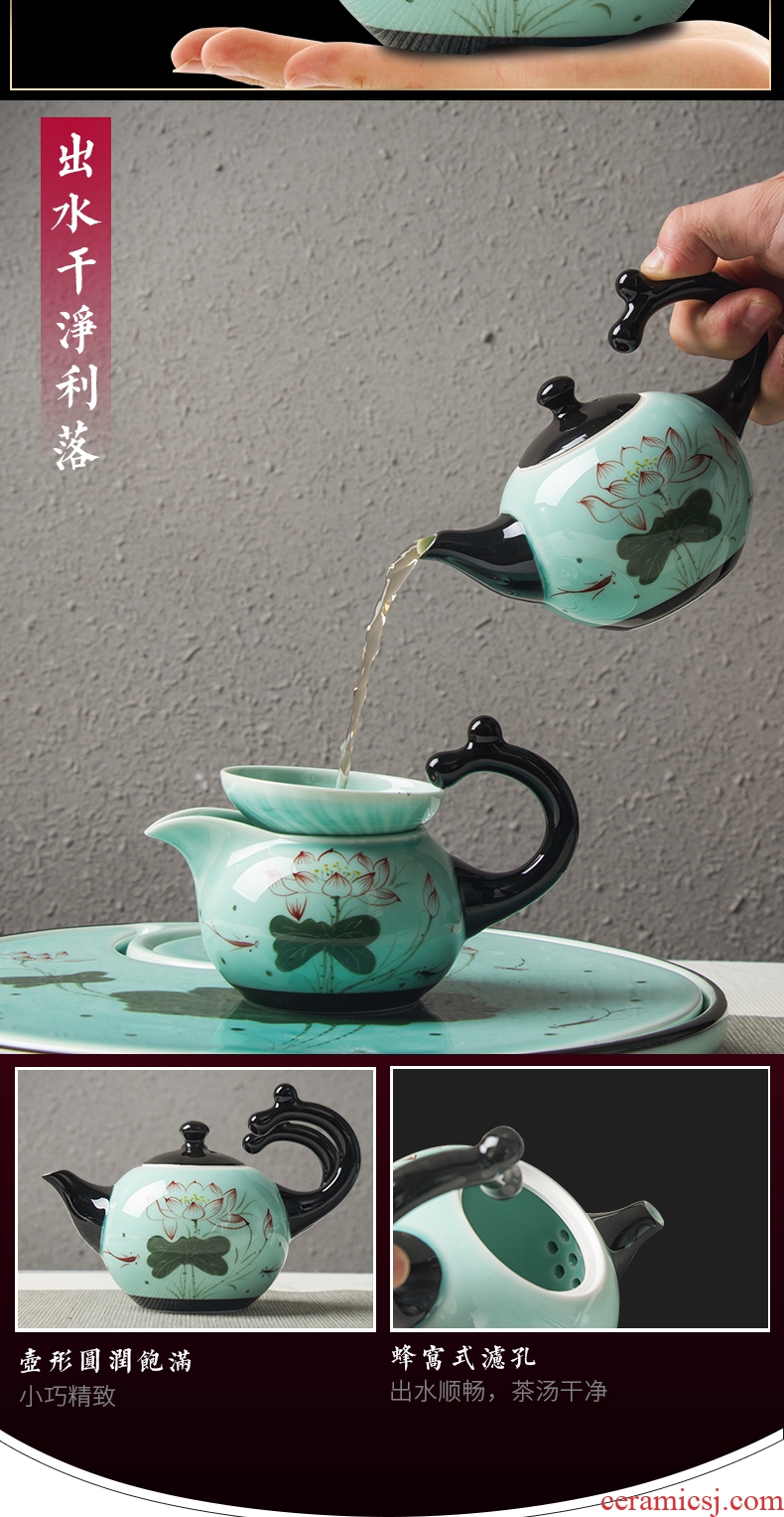 Kung fu tea set home office tea kettle celadon porcelain lotus jingdezhen hand-painted tea tea table