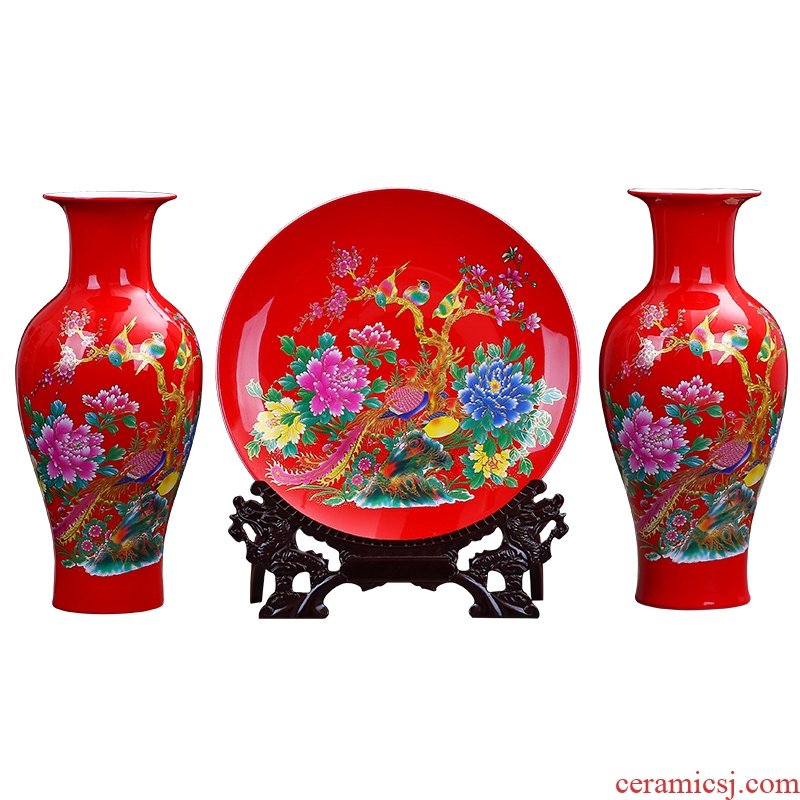 Jingdezhen ceramics painting of flowers and red three-piece vase furnishing articles of modern Chinese style sitting room adornment is placed gifts