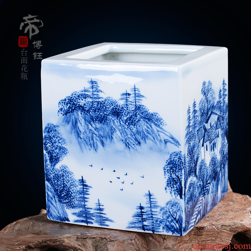 Jingdezhen ceramics famous works hand-painted traditional Chinese painting landscape square vase vases, decorative arts and crafts
