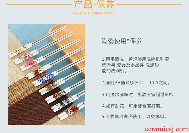 Jingdezhen ceramic handle stainless steel chopsticks insulation mouldproof environmental health chopsticks portable hot resistant to fall flowers