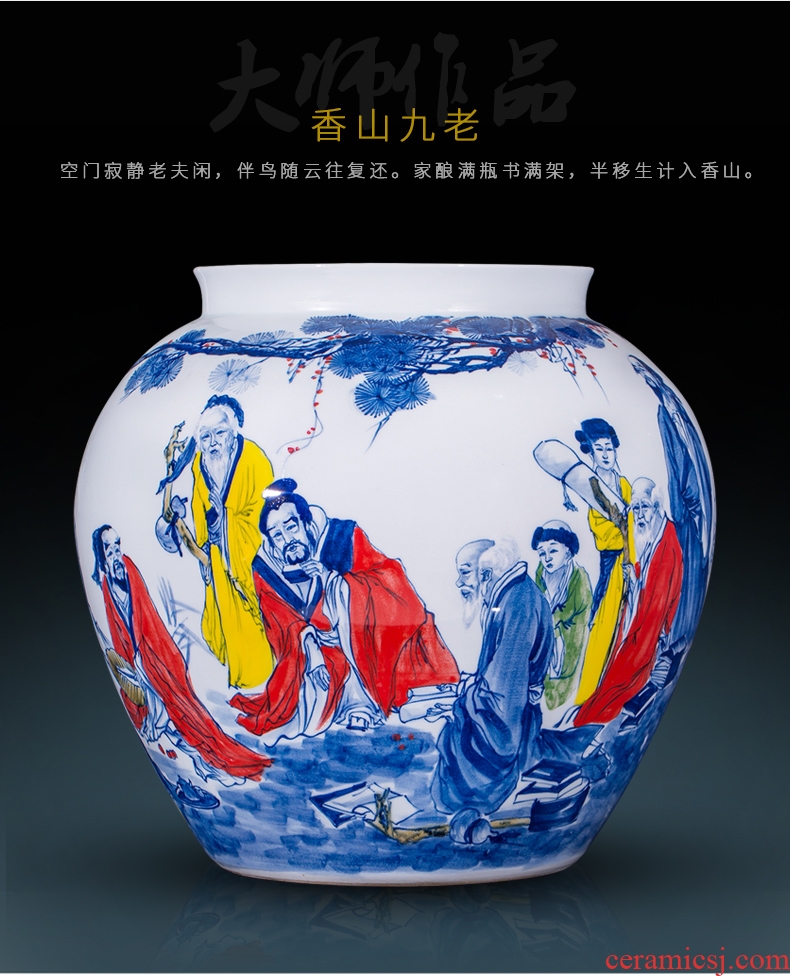 Jingdezhen ceramics hand-painted large blue and white porcelain vase sitting room study word calligraphy and painting cylinder receiving decorative furnishing articles