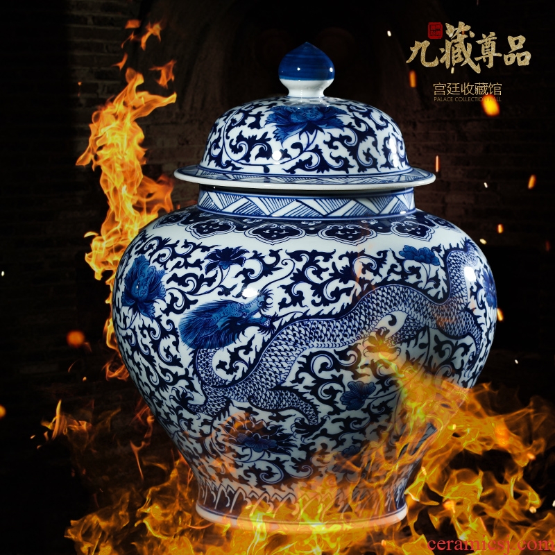Jingdezhen ceramic vases, antique hand-painted longfeng general put lotus flower pot cover of blue and white porcelain porcelain flowers, furnishing articles