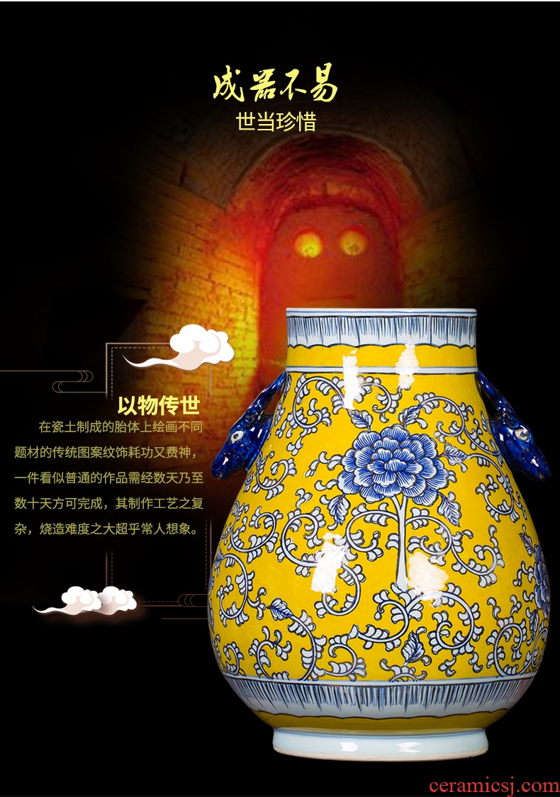 Jingdezhen ceramic vase hand-painted antique yellow blue and white porcelain paint deer head statue of painting and calligraphy study adornment furnishing articles