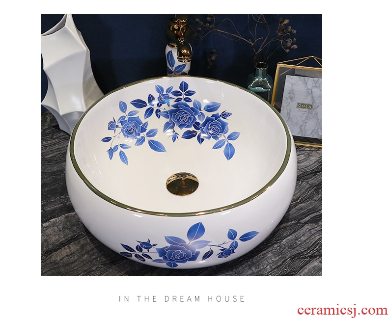 Simple fashion stage basin ceramic lavabo blue roses lavatory oval face basin bathroom art basin