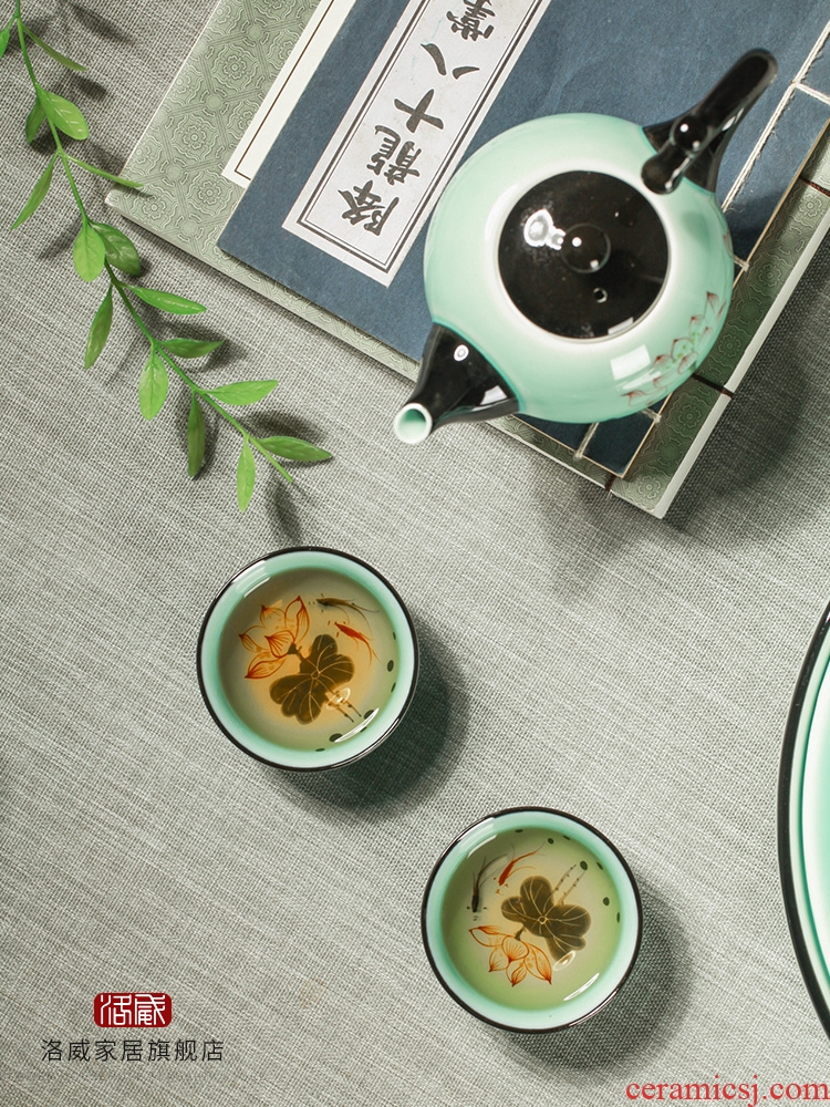 Kung fu tea set home office tea kettle celadon porcelain lotus jingdezhen hand-painted tea tea table