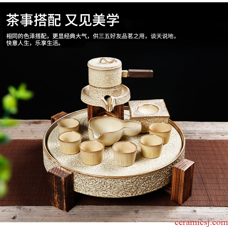 Bin DE stone mill ceramic round antique solid wood tea tray, dry tea set a large pot of 12 water drainage water