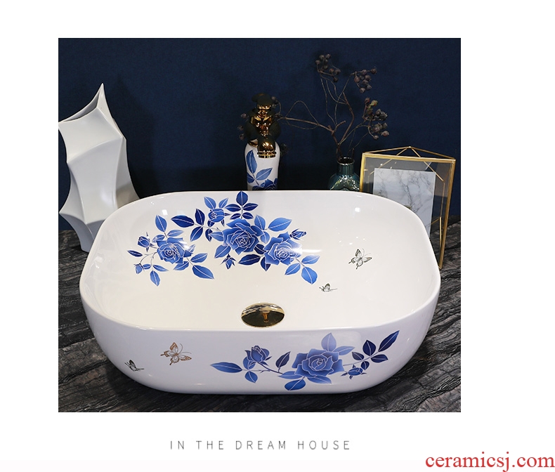 Simple fashion stage basin ceramic lavabo blue roses lavatory oval face basin bathroom art basin