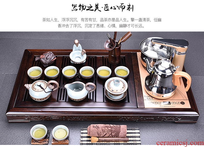 HaoFeng violet arenaceous kung fu tea set suit household ebony wood tea tray tea tea ceramic teapot teacup