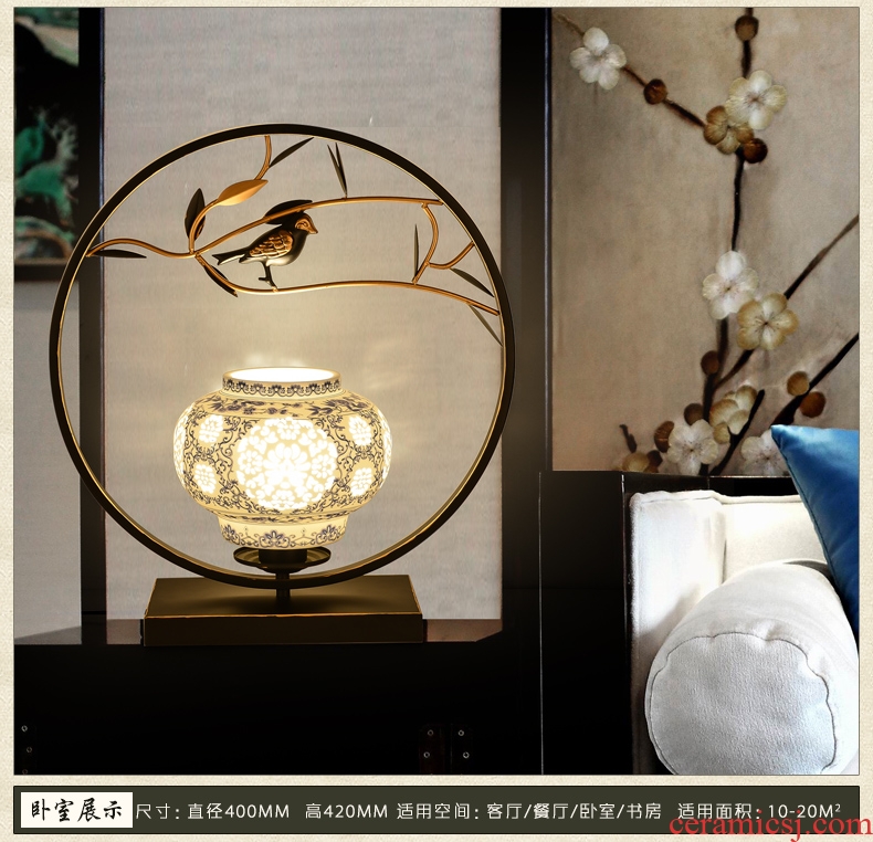 New Chinese style lamp light creative zen of bedroom the head of a bed decoration ceramics, wrought iron hotel lamp, Chinese wind restoring ancient ways desk lamp