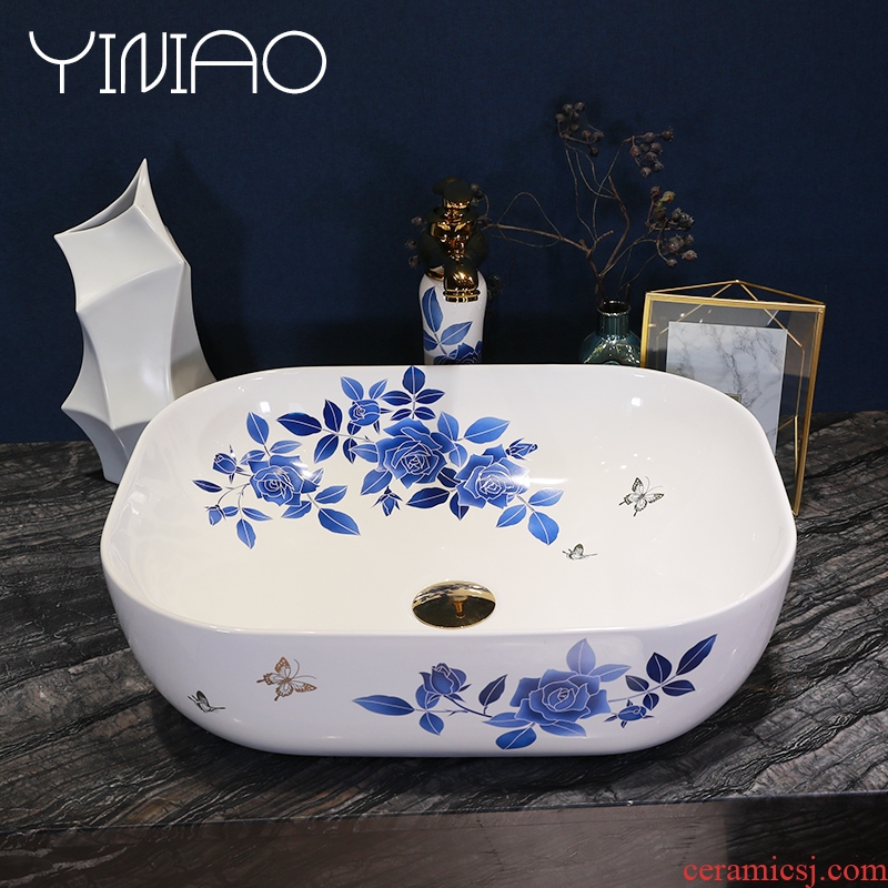 Simple fashion stage basin ceramic lavabo blue roses lavatory oval face basin bathroom art basin