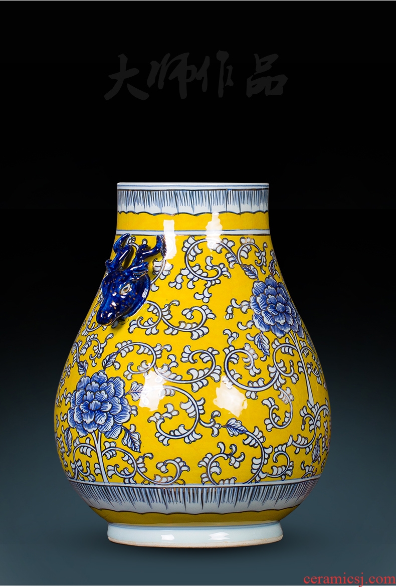 Jingdezhen ceramic vase hand-painted antique yellow blue and white porcelain paint deer head statue of painting and calligraphy study adornment furnishing articles