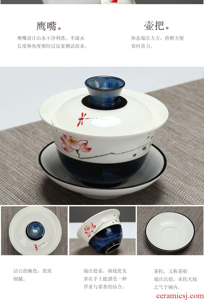 Imperial springs tureen ceramic kung fu tea set suit household contracted hand-painted Japanese tea ceremony kiln teapot tea cups