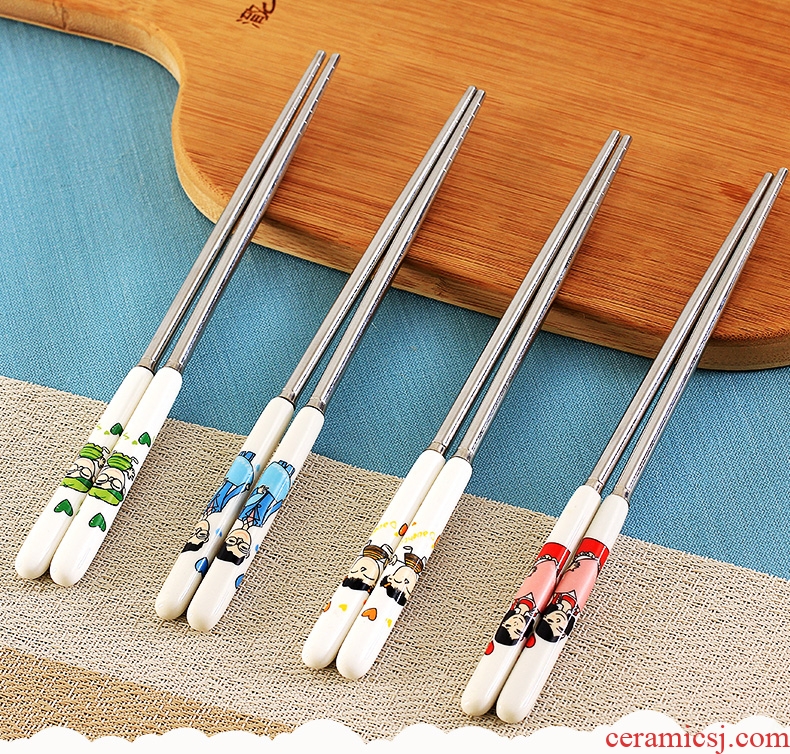 Household ceramic handle parent-child creative family no cute suit portable stainless steel chopsticks tableware