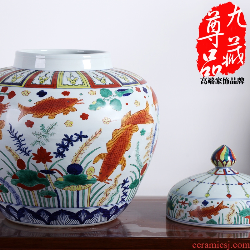 Jingdezhen ceramics imitation Ming jiajing colorful fish and algae grain tank vase vogue to live in the sitting room of archaize furnishing articles