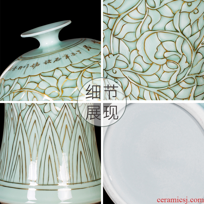 Jingdezhen ceramic vase famous paint shadow carving greengage bottles of Chinese style porch decoration furnishing articles large living room