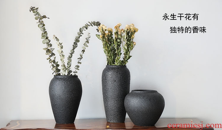 Jingdezhen ceramic black ground coarse pottery vases, contemporary and contracted sitting room of dried flowers flower arrangement furnishing articles manually basin of restoring ancient ways