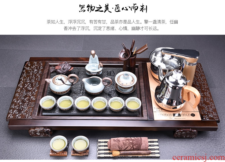 HaoFeng violet arenaceous kung fu tea set suit household ebony wood tea tray tea tea ceramic teapot teacup