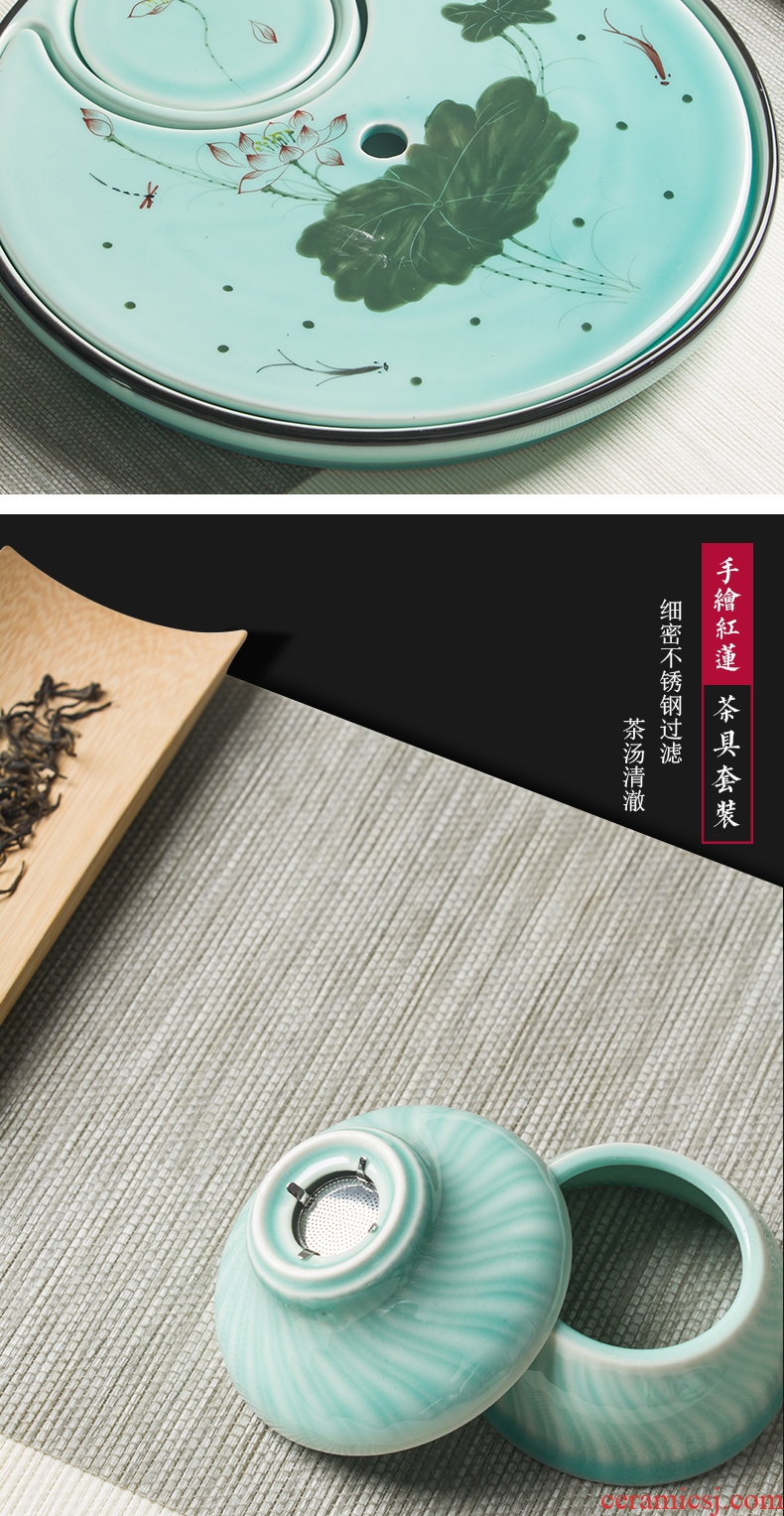 Kung fu tea set home office tea kettle celadon porcelain lotus jingdezhen hand-painted tea tea table