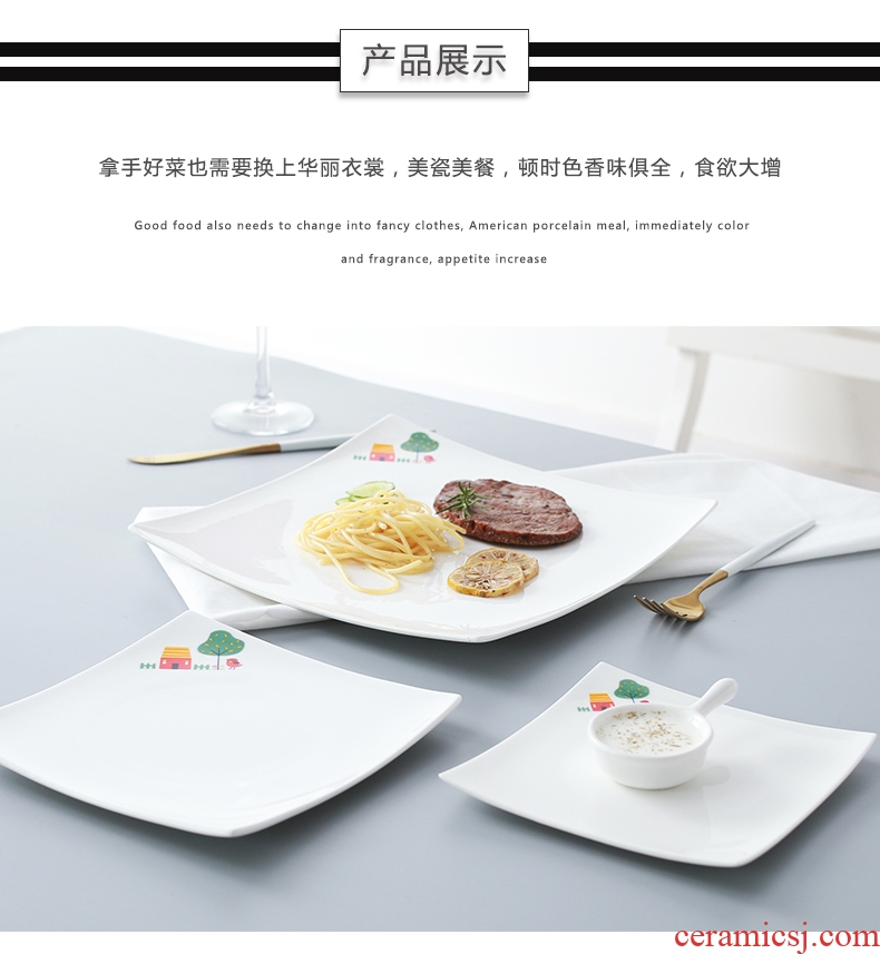 Steak plate plate suit ceramic bone China pure white square creative western food of flat dish plate all the tableware of household